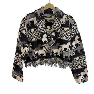Vintage New Identity Size XL Black White Horse Print Fringe Hem Jacket Western